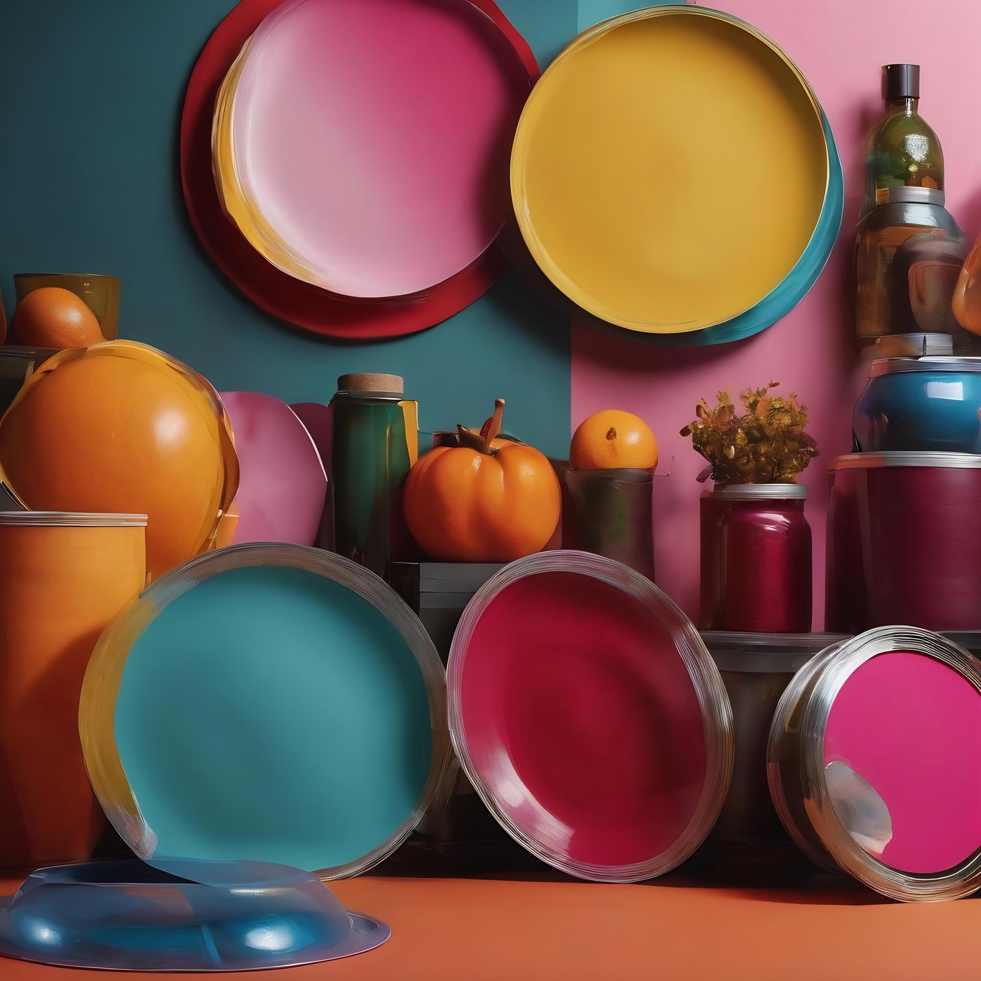 Cucina domestica con utensili e piatti colorati